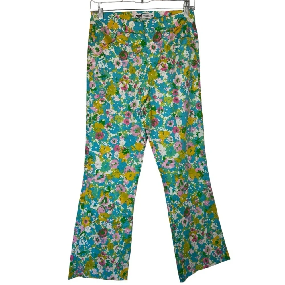 NWT Zara Multicolor Floral Cropped Mini Flare Size 4 Linen Blend Pants